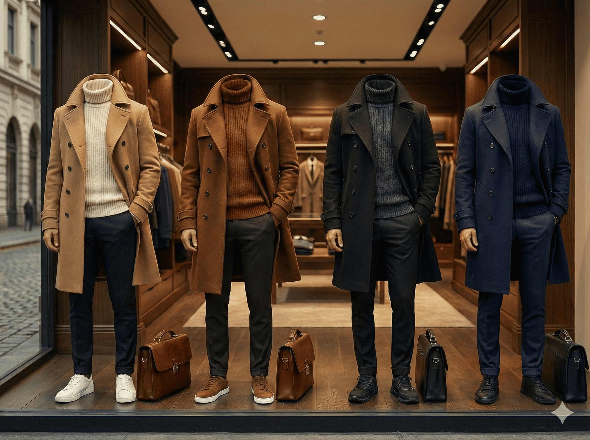 Trench coats, luxury sneaker turtlenecks