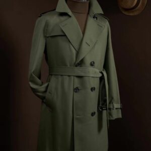 A midi-length, slim-fit double-breasted trench coat in army green wool featuring raglan sleeves, a belted waist with leather buckles, and a structured silhouette.