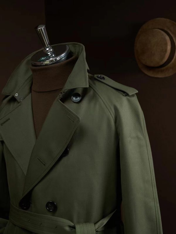 Army Green Wool Double-Breasted Trench Coat - Image 3