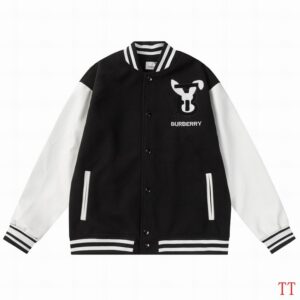 Front view of the Black and White Monogram Varsity Bomber Jacket with contrast white sleeves and chest patch.