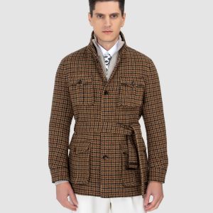 A man in Brown-Check-Wool-Safari-Jacket