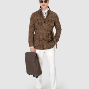 A man wearing a Brown-Check-Wool-Safari Jacket