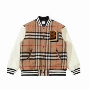 Check Wool Varsity Bomber Jacket with Contrast Sleeves in Archive Beige