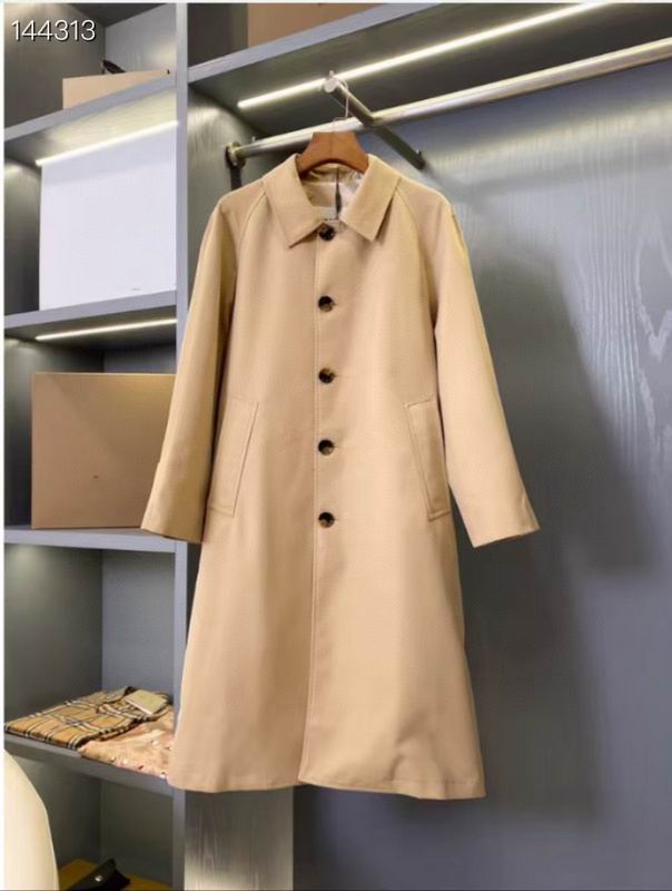 Men's or Women's single-breasted Mac coat in warm beige/camel, long length, featuring simple collar, dark buttons, and streamlined back vent.