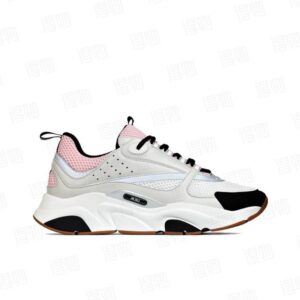 A top-down and side profile view of the DIOR B22 sneaker in white and grey mesh with pink accents on a white branded background