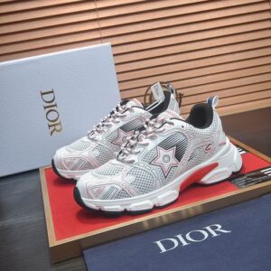 Side profile of Dior Pink and White B30 Mesh Sneakers featuring pink star accents and a chunky white sole