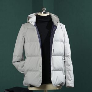 A modular duck-down jacket in a sleek polyester finish featuring a stand collar, detachable hood and sleeves, and zippered side pockets.