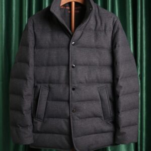 A charcoal faux two-piece down coat featuring a layered front, stand collar, and waterproof wool-blend exterior with a streamlined finish.