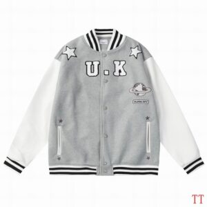 Front view of the Grey and White Collegiate Varsity Jacket with "U.K." and planet patches and striped trim.