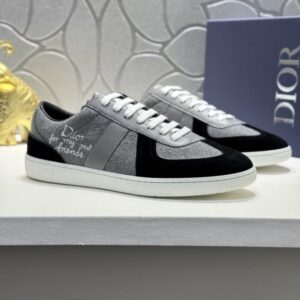 Side profile of Dior Grey and Black Wool Suede B27 Low-Top Sneakers with white embroidery and white laces.