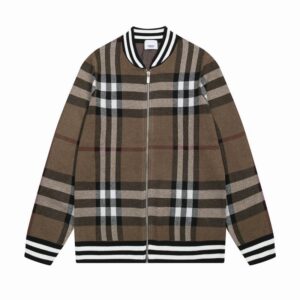 Front view of the Dark Brown Knitted Check Zip Bomber Jacket with striped trim and full zipper.