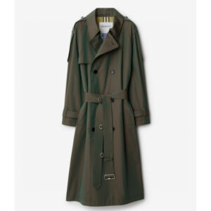Women's long, relaxed-fit double-breasted trench coat in Deep Olive Green, featuring a wide belt with D-rings and large lapels.