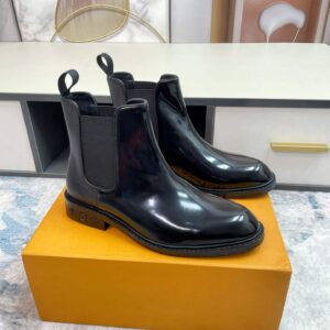 Louis Vuitton Black Polished Calf Leather Chelsea Boot Men's Monogram Flower Heel Dress Boot