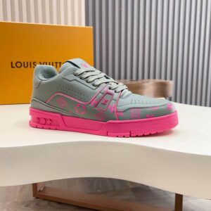 Grey and Hot Pink Louis Vuitton Inspired Court Trainer Sneakers with inspired monogram patterns and a thick pink outsole.