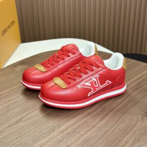 Red leather Louis Vuitton Run Away inspired sneaker with white LV logo and gold accents on the toe and heel.