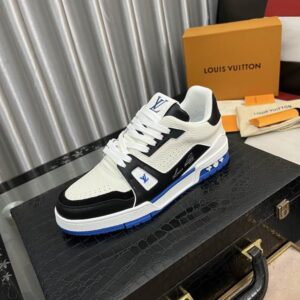 Louis Vuitton Trainer Sneaker White Black Blue Grained Leather