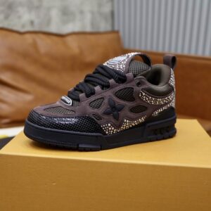 Louis Vuitton inspired trainer moccasin in dark brown with gold studs and black accents on a cushioned black sole.