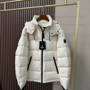 White puffer jacket with black zip and pocket trim hanging on a rack, showcasing the quilted down construction and detachable hood.