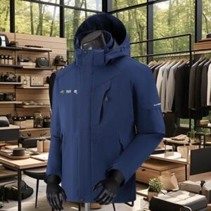 men's Moncler-style 3-in-1 jacket displayed on a mannequin, featuring a hood, multiple zippered pockets, and reflective arm detail, set inside a modern boutique.