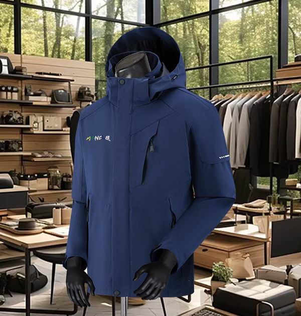 men's Moncler-style 3-in-1 jacket displayed on a mannequin, featuring a hood, multiple zippered pockets, and reflective arm detail, set inside a modern boutique.