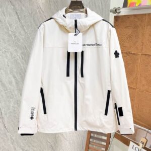 Black/White Front View: Crisp White and Black color-block hooded jacket with front zipper and athletic taping details