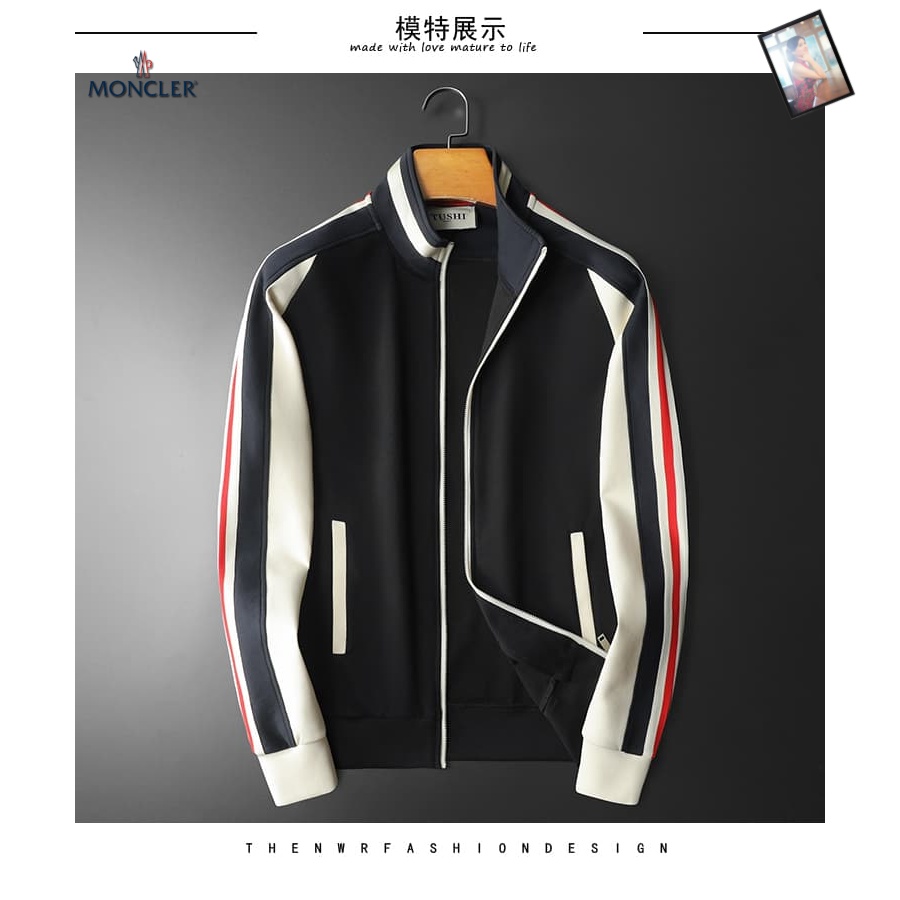 Moncler-style black full-zip track jacket with white and red contrast stripes on the sleeves. The jacket has a high stand collar, ribbed cuffs and hem, and simple vertical slit pockets.