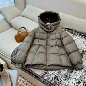 Burnt sienna or deep reddish-brown classic puffer jacket with a high collar and logo patch hanging on a metal clothing rack.