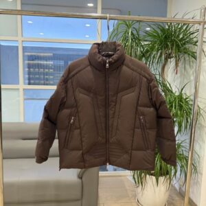 A chocolate brown Moncler-inspired puffer jacket with unique angular geometric stitching and a high-standing collar