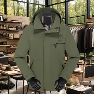 men's utility jacket displayed on a mannequin, featuring a high stand-up collar, front zipper closure, and a logo emblem on the chest pocket