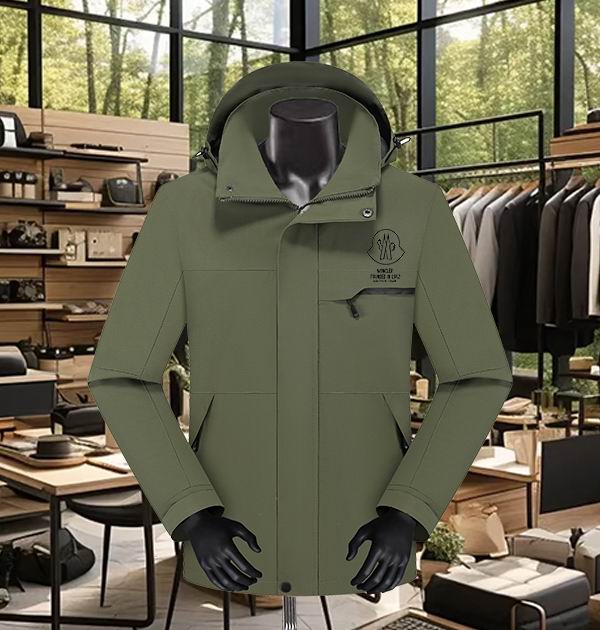 men's utility jacket displayed on a mannequin, featuring a high stand-up collar, front zipper closure, and a logo emblem on the chest pocket