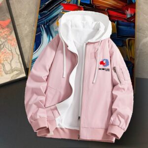 Moncler-style purple bomber jacket with a white hood and drawstrings. Features a full-zip front, ribbed hem/cuffs, an arm pocket, and a colorful cartoon bird logo patch on the chest.