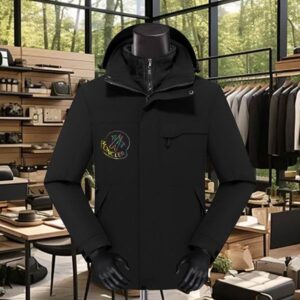 All-black men's Moncler-style jacket displayed on a mannequin, featuring a high inner zip collar, a visible hood, a square chest pocket, and a colorful round logo patch on the left side.