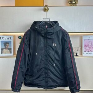 Military green Moncler hooded windbreaker jacket with red and navy tricolor piping down the sleeves and a white logo patch on the chest.