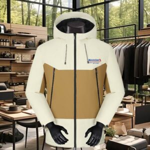 Beige and khaki two-tone men's Moncler-style puffer jacket displayed on a mannequin, featuring a dark hood lining, a small logo detail on the chest, and vertical zippered pockets.