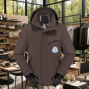 Brown men's Moncler-style waterproof jacket displayed on a mannequin, featuring a concealed hood, an angled chest pocket zipper, and a round, multicolored Moncler-style logo patch on the chest