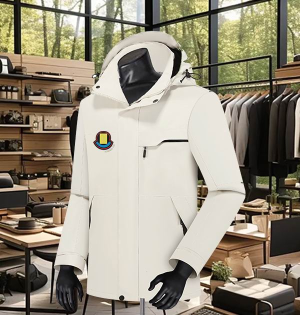 White men's Moncler-style jacket displayed on a black mannequin, featuring a hood, black zipper accents, and a distinctive round, multicolored logo patch on the left chest.