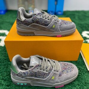 Louis Vuitton Trainer Low Sneaker Men's Grey Suede Multi-Color Tweed Fabric Neon Pink Teal Sole