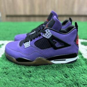 Close-up rear and profile views of the Air Jordan 4 x Travis Scott Cactus Purple sneaker; highlights the deep purple nubuck upper, black netting, black heel tabs with red Cactus Jack and Nike Air branding, and the visible Air unit