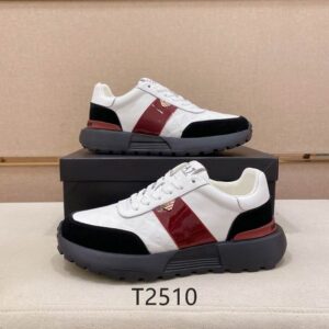 Side view of Armani Black White Casual Sneakers in white monogrammed leather with black suede accents and a burgundy side stripe.