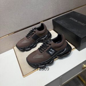 Side profile of Armani Brown Sport Sneakers in chocolate brown and black with visible air cushion and A|X logo