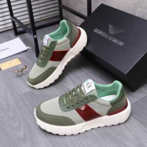 A pair of Armani Exchange Green Grey Active Sneakers Shoes featuring olive green suede, grey mesh, and a glossy burgundy side stripe.