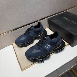 Side view of Armani Navy Sport Sneakers in navy blue and black with a visible air bubble sole and A|X logo.