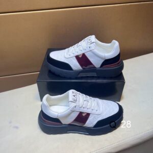 Side view of Armani White Black EA7 Sneakers featuring white monogrammed panels, black suede, and a burgundy side stripe.