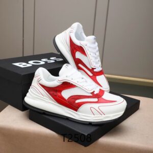 Side profile of Armani White Red Sneakers featuring red suede overlays, white mesh, and a chunky white midsole on a neutral background.