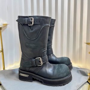 Side view of Balenciaga Umber Buckle Boots in rich brown leather with silver buckles and a thick black platform lug sole.