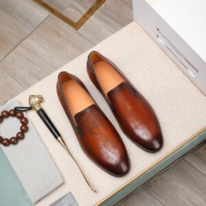 Men's Berluti Brown Scritto Patchwork Loafers with calligraphy engraving and multi-texture leather.