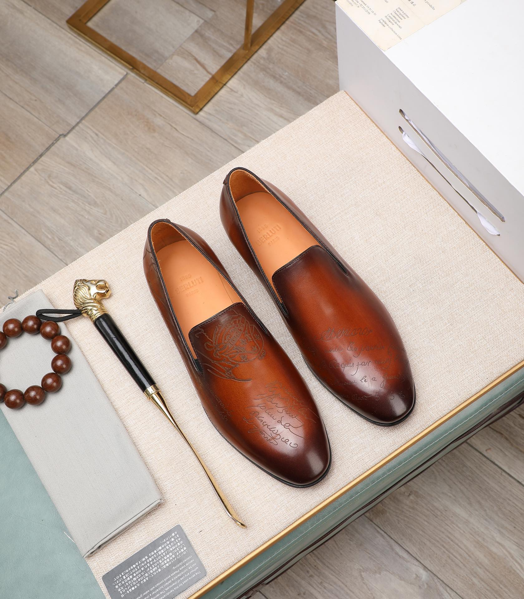 Men's Berluti Brown Scritto Patchwork Loafers with calligraphy engraving and multi-texture leather.