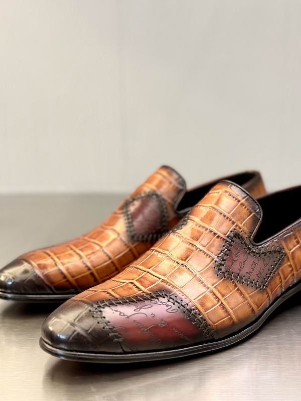 Men's Berluti Tan Patchwork Alligator Loafers with Scritto engraving and burgundy accents.