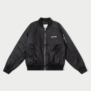 A high-quality Black Bomber Jacket with ribbed trims, front flap pockets, and a utility sleeve pocket.