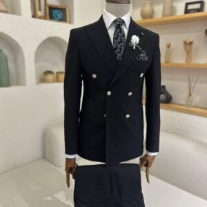 A men's Black Silver Button Double Breasted Suit featuring peak lapels and silver metallic buttons on a mannequin.